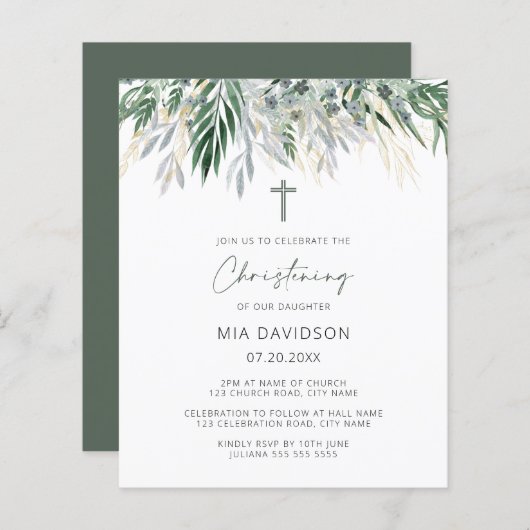 Budget Green & Gold Leaves Christening Invite (Voorkant / Achterkant)