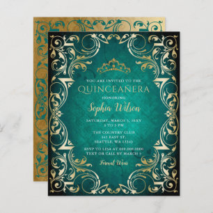 Budget Green Gold Tiara Quinceañera Uitnodiging