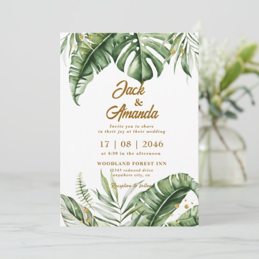 Budget Green Leaf Boho Faire-part de mariage (Debout devant)