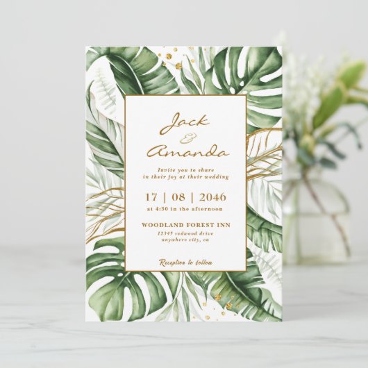 Budget Green Leaf Boho Faire-part de mariage de ve (Debout devant)
