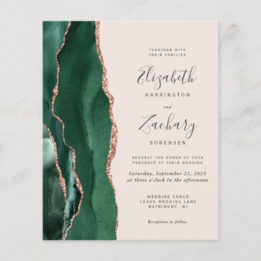 Budget Green Rose Gold Blush Photo Wedding Invite (Voorkant)