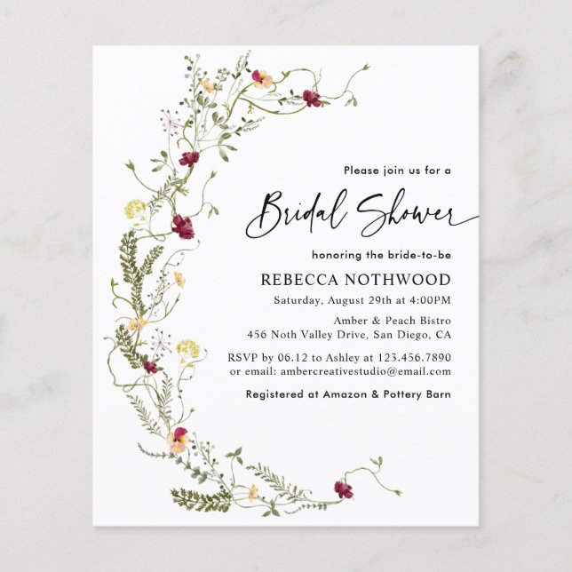 Budget Green Wildflower Bridal Shower Invitation (Voorkant)