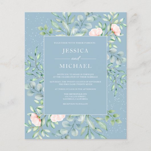 Budget Greenery Dusty Blue Wedding Invitation (Voorkant)