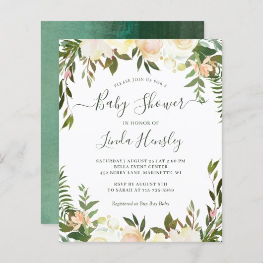Budget Greenery Floral Baby Shower-uitnodigingen (Voorkant / Achterkant)
