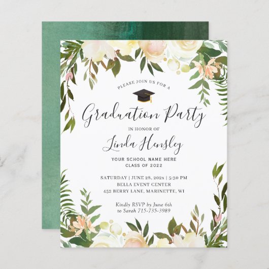 Budget Greenery Floral Graduy Party Invitation (Voorkant / Achterkant)