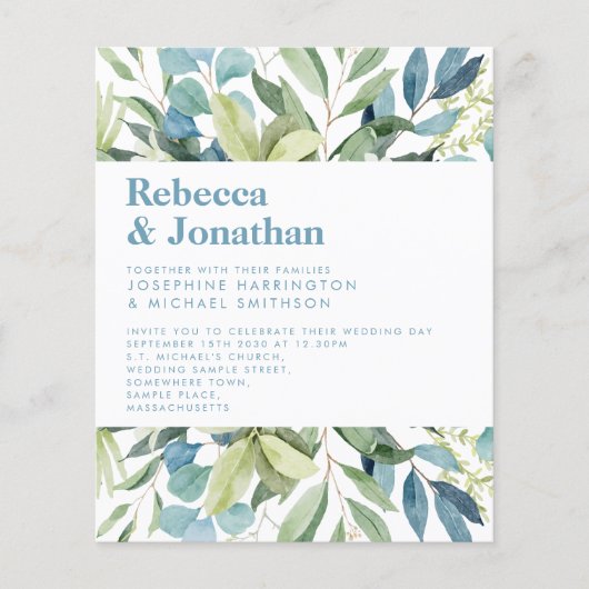 Budget Greenery Foliage Blue Wedding Invitation (Voorkant)