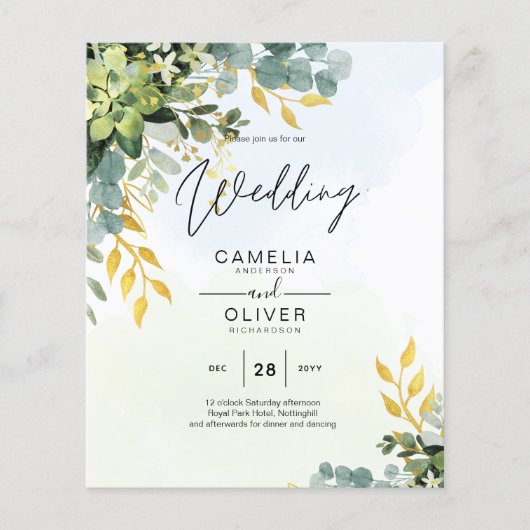 BUDGET Greenery Gold Eucalyptus Leaves Wedding Flyer (Voorkant)