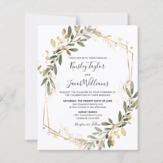 Budget Greenery & Gold Geometric Wedding Invite (Voorkant)