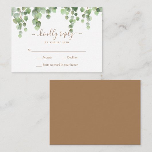Budget Greenery laat Botanical Wedding RSVP over Notitiekaartje (Voorkant / Achterkant)