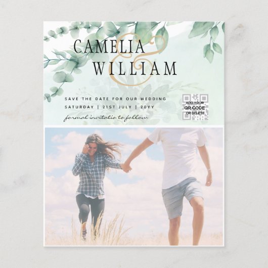 BUDGET Greenery PHOTO Wedding Save the Date QRcode Flyer (Voorkant)