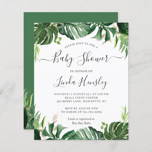 Budget Greenery Tropical Baby Shower-uitnodigingen (Voorkant / Achterkant)