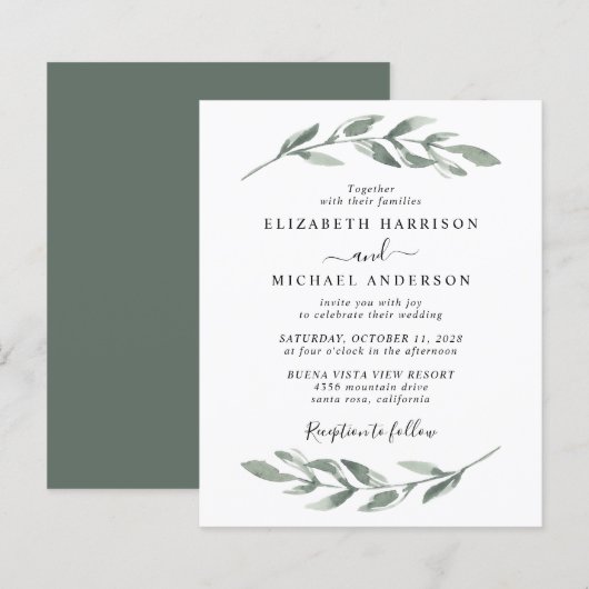 Budget Greenery Waterverf Wedding Invitation (Voorkant / Achterkant)