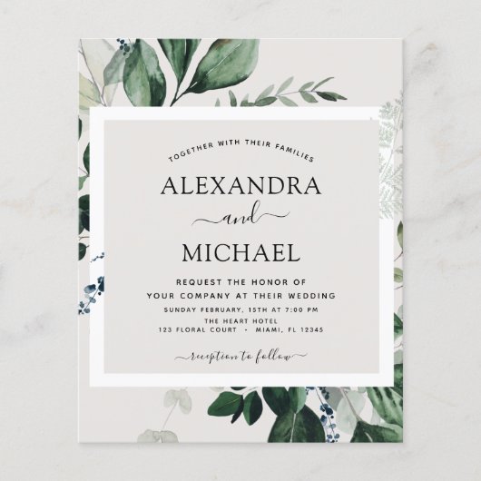 Budget Greenery Waterverf Wedding Invitations (Voorkant)