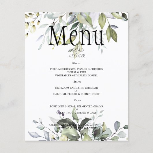 Budget Greenery Waterverf WEDDING MENU. (Voorkant)