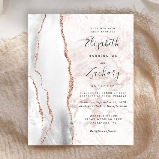 Budget Grey Agate Roos Gold Marble Wedding Invite