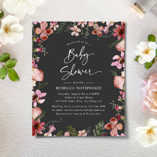 Budget Grey Magenta Floral Baby shower Uitnodiging