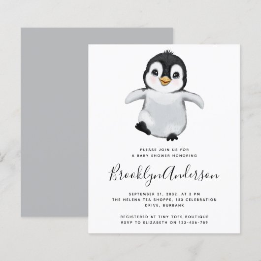 BUDGET Grey Penguin Baby shower Uitnodiging (Voorkant / Achterkant)