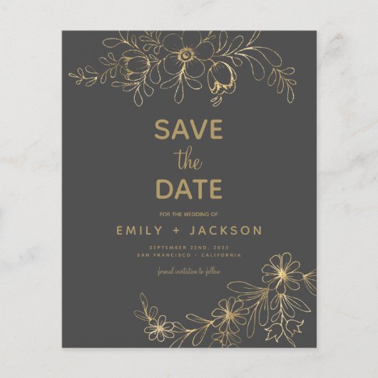 Budget Grey Save the Date Floral Gold Foil Flyer (Voorkant)