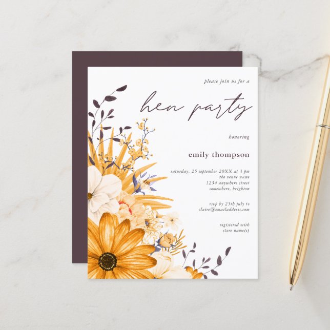 Budget Grey Yellow Floral Hen Party Invitation (Voorkant / Achterkant in situ)