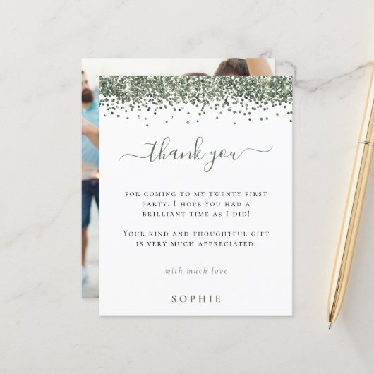 Budget Groen Glitter Foto 21e Verjaardag Bedankt (Voorkant / Achterkant in situ)
