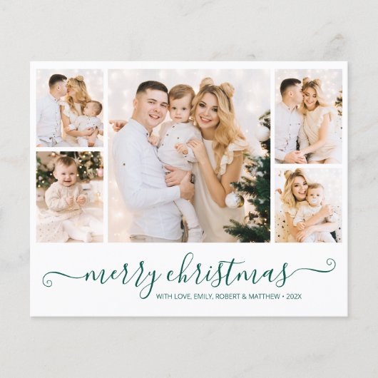 Budget Groen Script 5 Fotocollage Kerst Kaart (Voorkant)