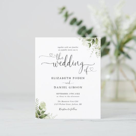 Budget Groene Script Foto Trouw Uitnodiging (Staand voorkant)