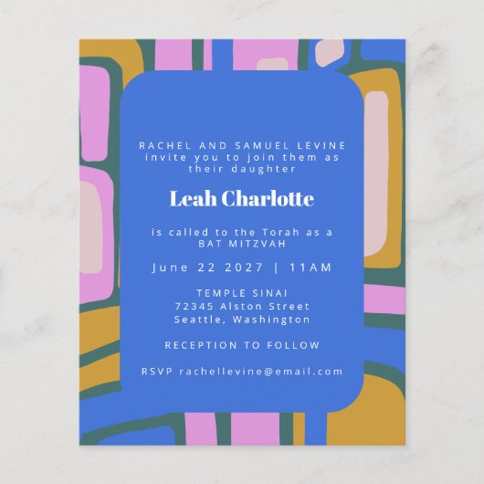 Budget Groovy Abstract Blue Bat Mitzvah Invite (Voorkant)