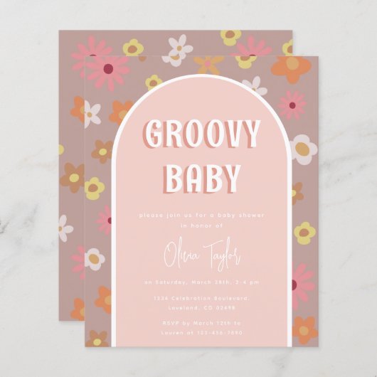 Budget Groovy Retro Meisje Baby Shower Uitnodiging (Voorkant / Achterkant)