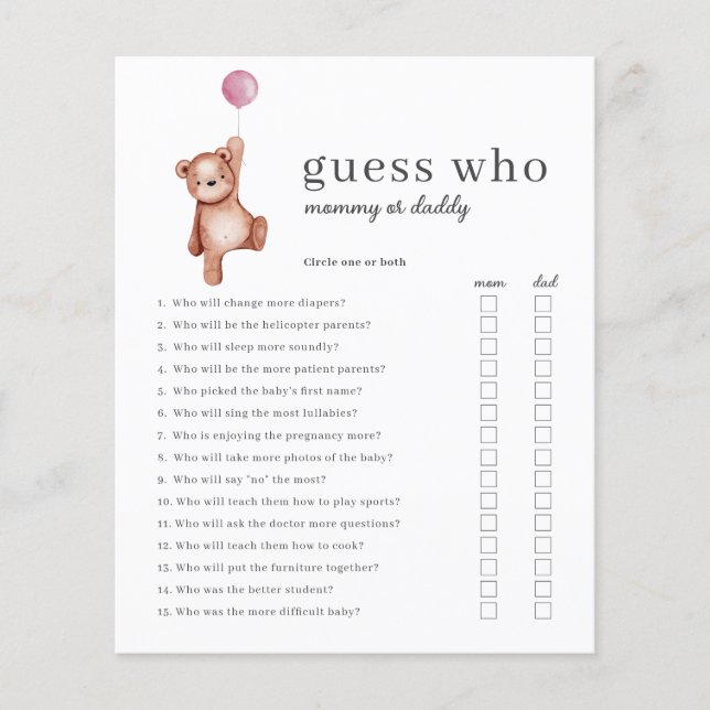 Budget Guess Wie Meisje Baby shower Game (Voorkant)