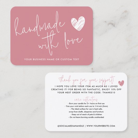 Budget Handgemaakt met Love Pink Bedankt Candle Ca Visitekaartje (Voorkant / Achterkant)