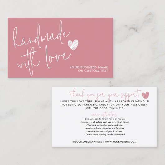 Budget Handgemaakt met Love Pink Heart Candle Care Visitekaartje (Voorkant / Achterkant)