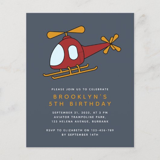 Budget Helikopter Boy's Birthday Party Invitation (Voorkant)