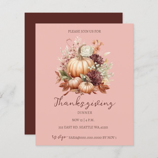 Budget Herfst Floral Pumpkins Thanksgiving Invite (Voorkant / Achterkant)