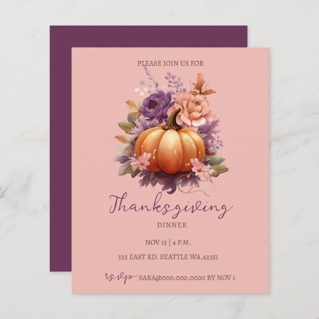 Budget Herfst Floral Pumpkins Thanksgiving Invite (Voorkant / Achterkant)