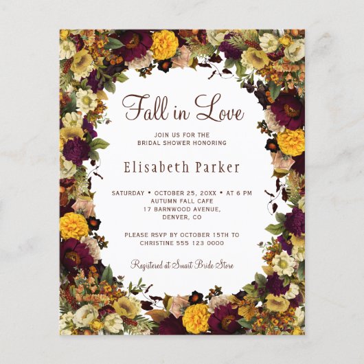 Budget herfst in love bruids doucheuitnodiging flyer (Voorkant)
