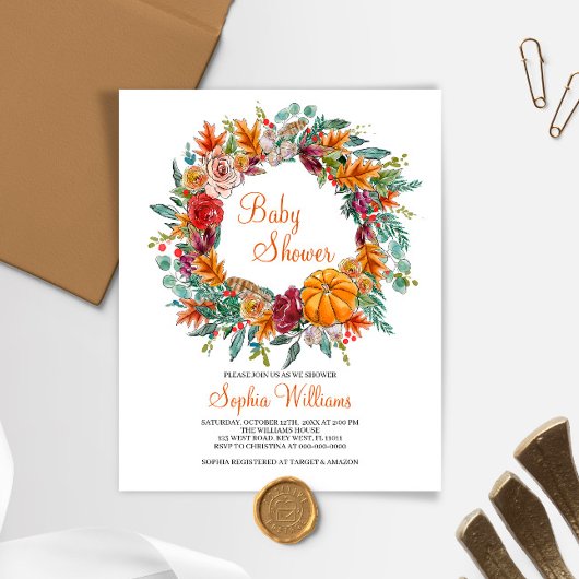Budget Herfst Pompoen Baby shower Uitnodiging