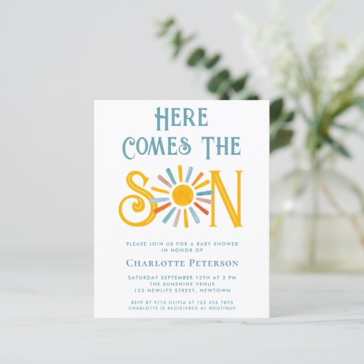 Budget hier komt de Son Baby shower uitnodiging (Staand voorkant)