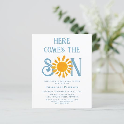 Budget hier komt de Son Baby shower uitnodiging (Staand voorkant)