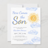 Budget Hier komt de Son Boy Baby shower Uitnodigen (Voorkant)