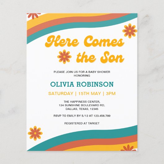 Budget Hier Komt de Zoon Baby Shower Uitnodiging (Voorkant)