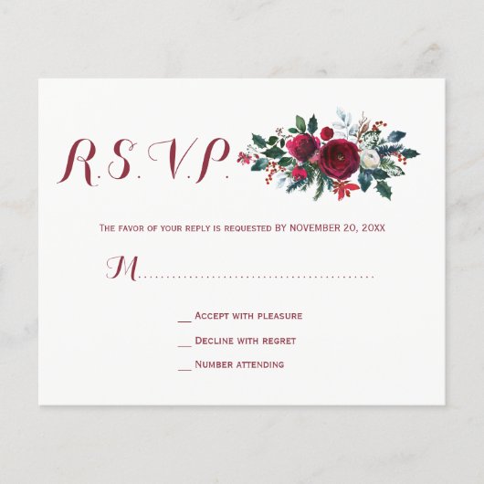 Budget hiver burgundy floral mariage rsvp carte (Devant)