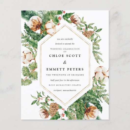 Budget Holly Pine Winter Wedding Invitation (Voorkant)