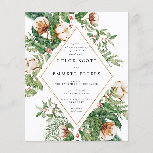 Budget Holly Pine Winter Wedding Invitation (Voorkant)