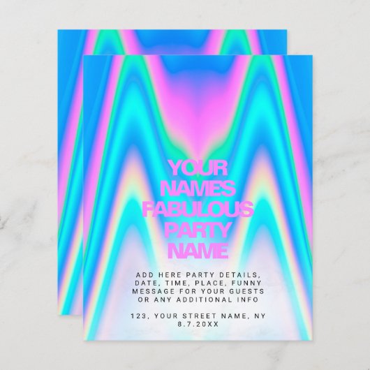 Budget Holographic Iridescent Y2K Party Uitnodigin (Voorkant / Achterkant)