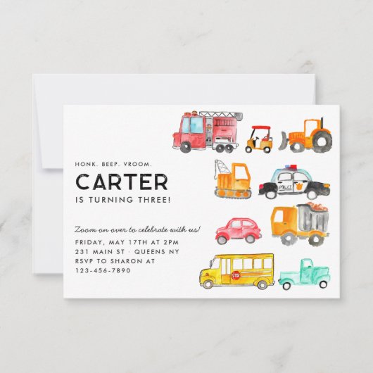 Budget Honk Piep Vroom Vervoer Kind Verjaardag Notitiekaartje (Voorkant)