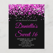 Budget Hot Pink Glitter Black Sweet 16 Invite (Voorkant)