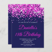 Budget Hot Pink Glitter Navy 18th Birthday Invite (Voorkant / Achterkant)