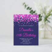 Budget Hot Pink Glitter Navy 18th Birthday Invite (Staand voorkant)
