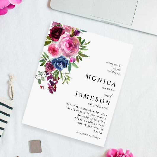 Budget Hot Roze & Navy Blauw Bloemen Bruiloft 3 Flyer