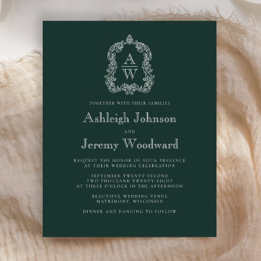 Budget Huwelijksuitnodiging met groen monogram wap